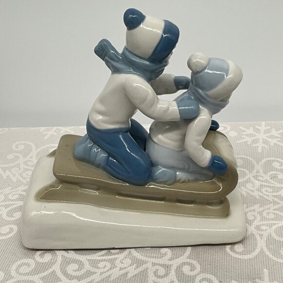 Porcelain Figurine Children Sledding 1992 Mexican Art DS Signed 5" x 4" Winter D - Picture 7 of 9